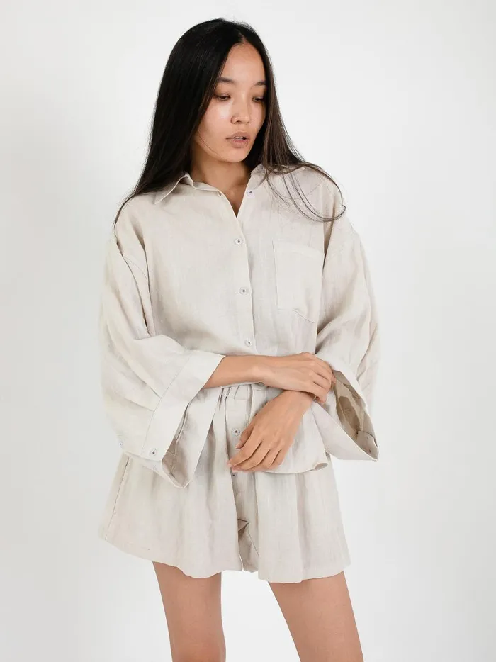 Women The 03 Linen Loungewear Set Short Oatmeal The UNDONE Loungewear
