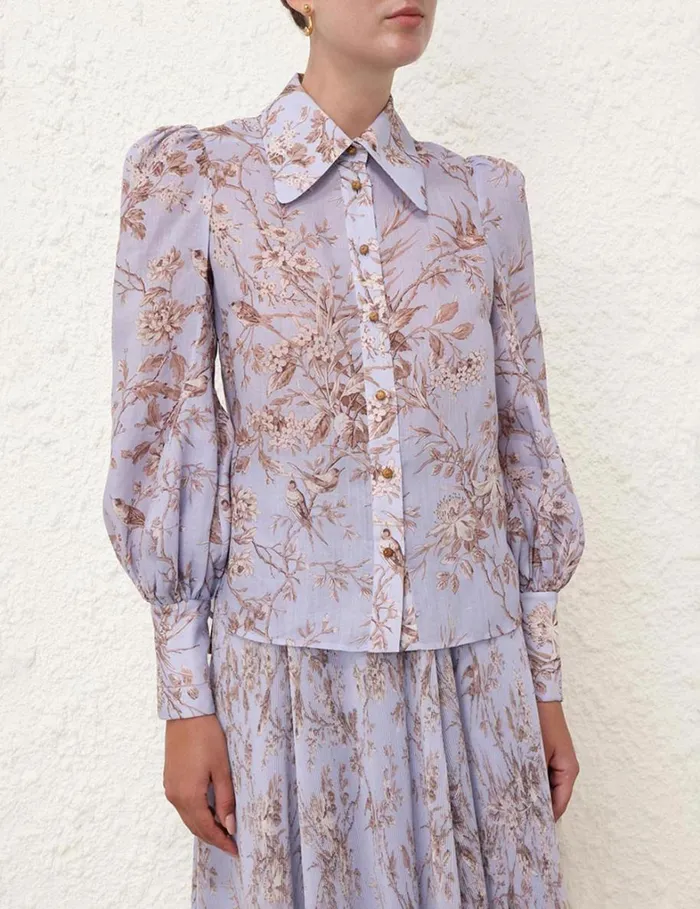 Women Tops Zimmermann Blouson Shirt Blue Mockingbird
