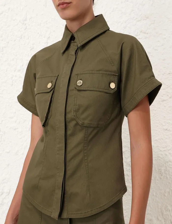 Women Tops Zimmermann Denim Pocket Shirt Olive