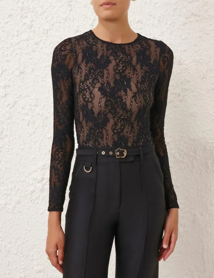 Women Tops Zimmermann Lace Bodysuit Black
