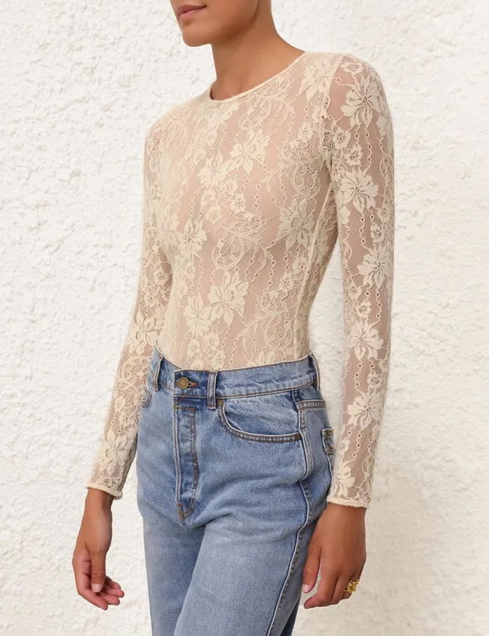 Women Tops Zimmermann Lace Bodysuit Parchment