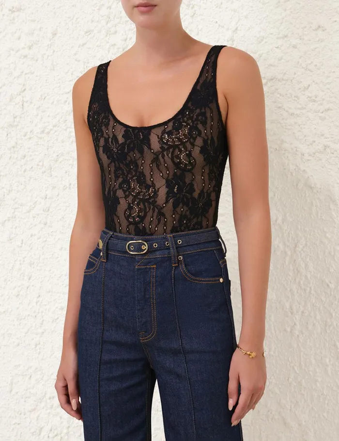 Women Tops Zimmermann Lace Scoop Bodysuit Black