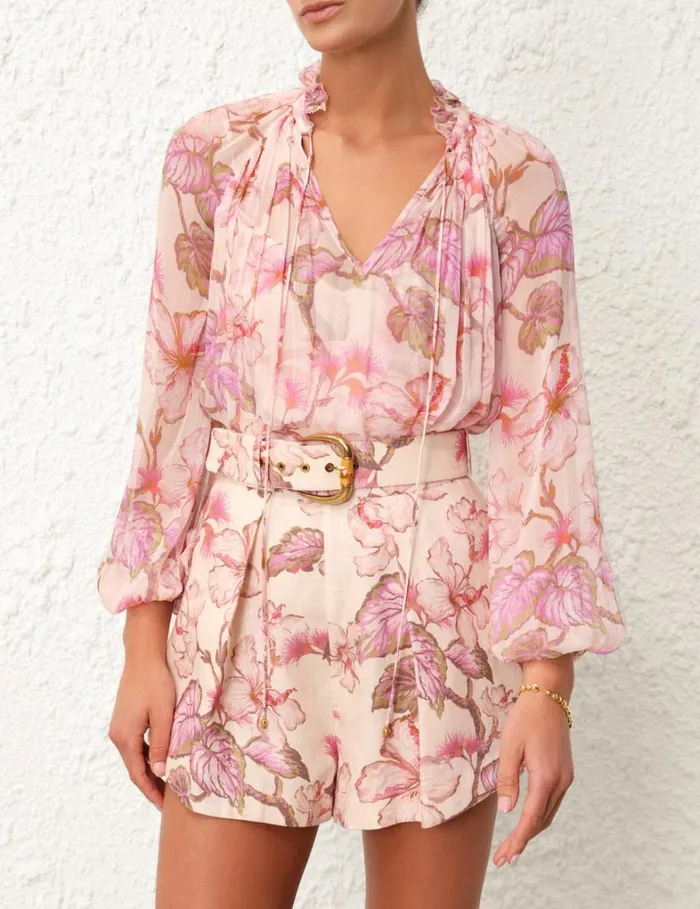 Women Tops Zimmermann Matchmaker Billow Blouse Coral Hibiscus