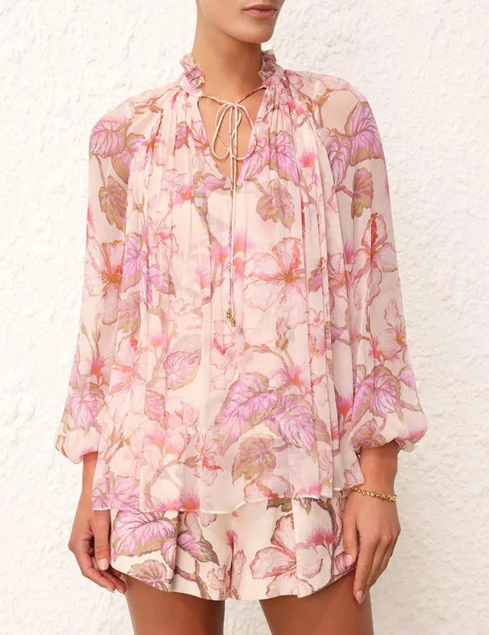 Women Tops Zimmermann Matchmaker Billow Blouse Coral Hibiscus