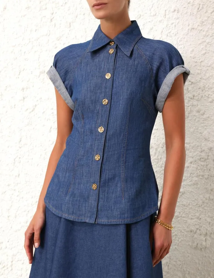 Women Tops Zimmermann Matchmaker Denim Blouse Railway Blue