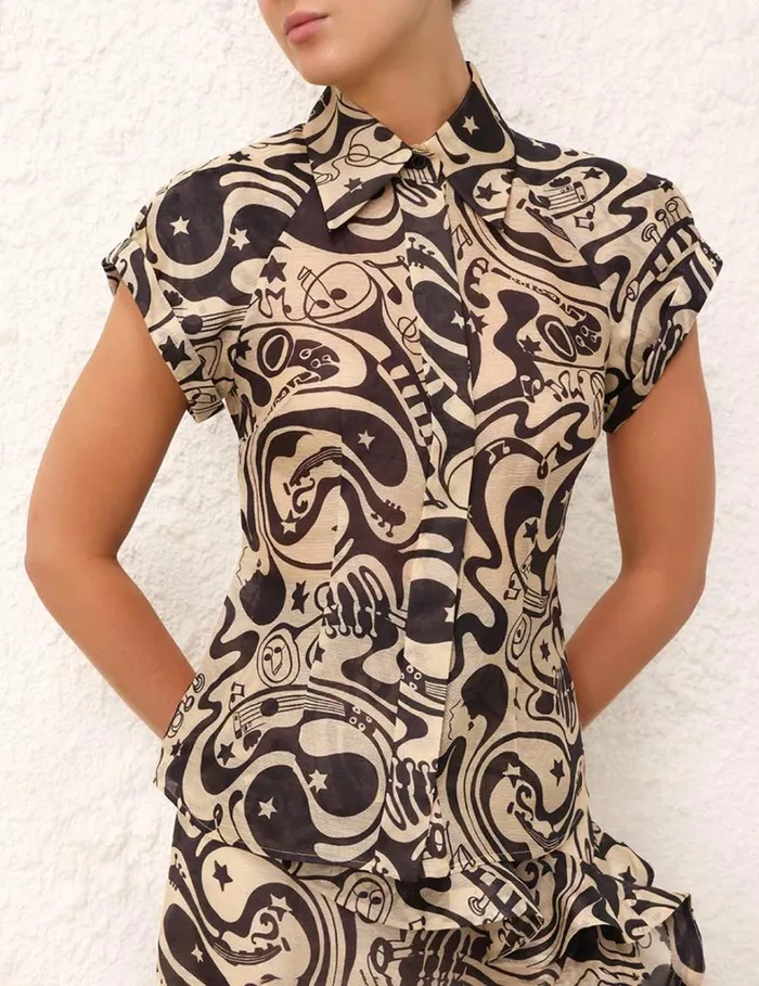 Women Tops Zimmermann Matchmaker Fitted Blouse Blacktea Abstract Musical