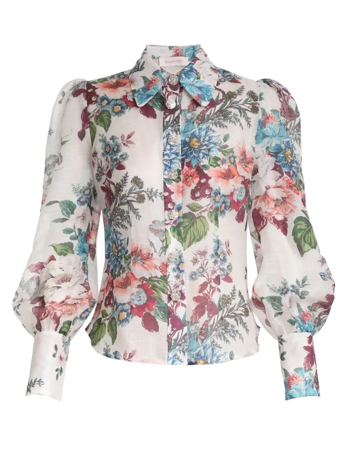 Women Tops Zimmermann Matchmaker Floral Body Shirt Ivory Barkcloth Print
