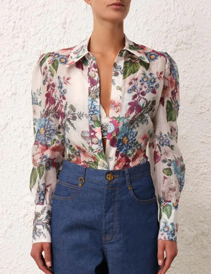 Women Tops Zimmermann Matchmaker Floral Body Shirt Ivory Barkcloth Print