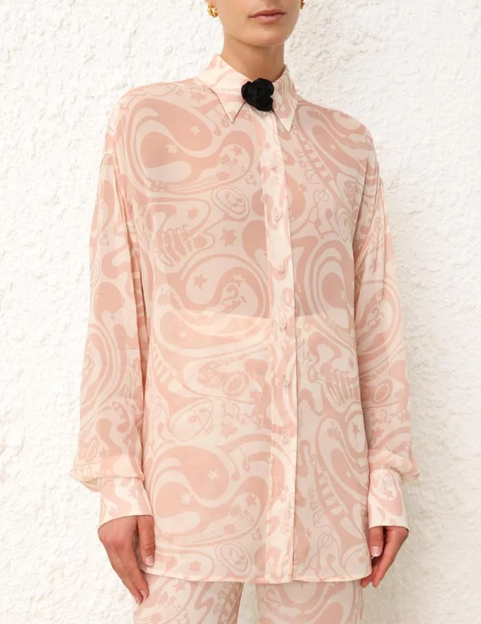 Women Tops Zimmermann Matchmaker Relaxed Shirt Pinkcream Abstract Musical