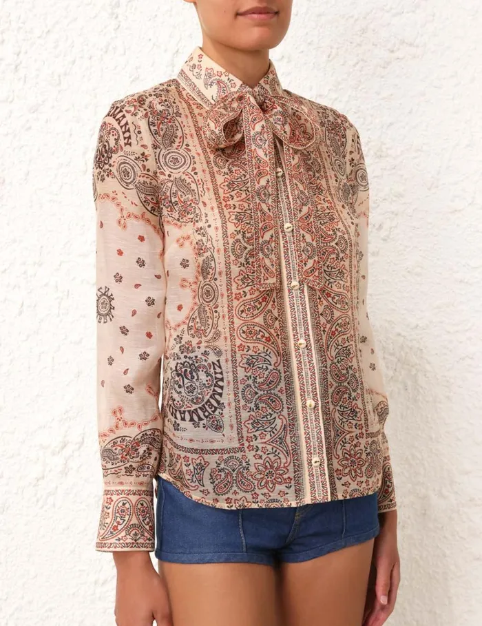 Women Tops Zimmermann Matchmaker Tie Neck Blouse Cream Bandana