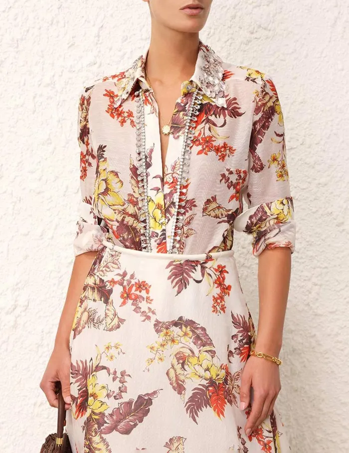 Women Tops Zimmermann Matchmaker Tropical Shirt Ivory Tropical Floral