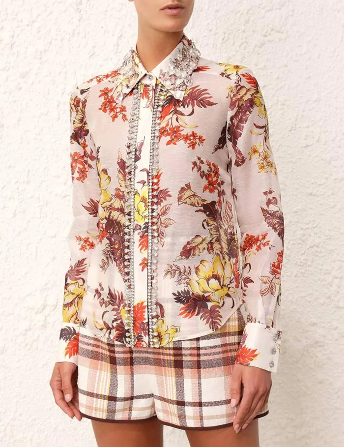 Women Tops Zimmermann Matchmaker Tropical Shirt Ivory Tropical Floral