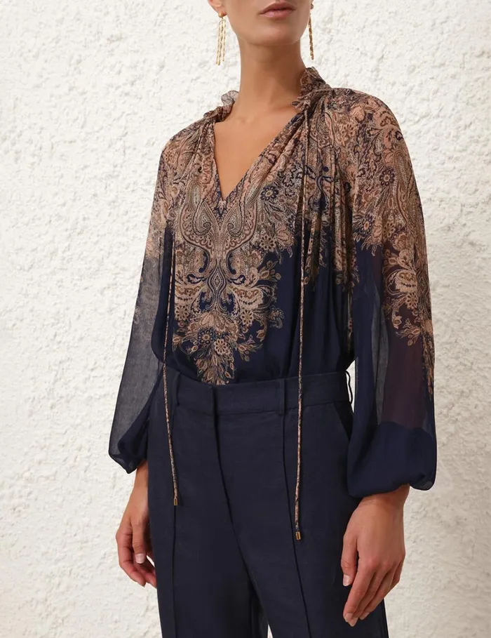 Women Tops Zimmermann Natura Billow Blouse Navy Paisley