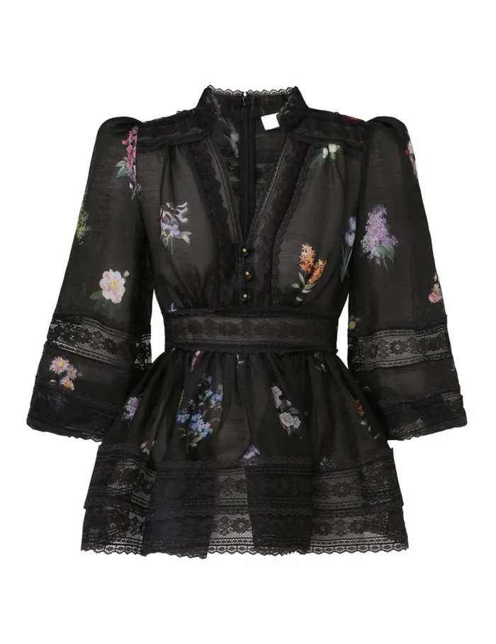 Women Tops Zimmermann Natura V Neck Lace Blouse Multi Botanical Black