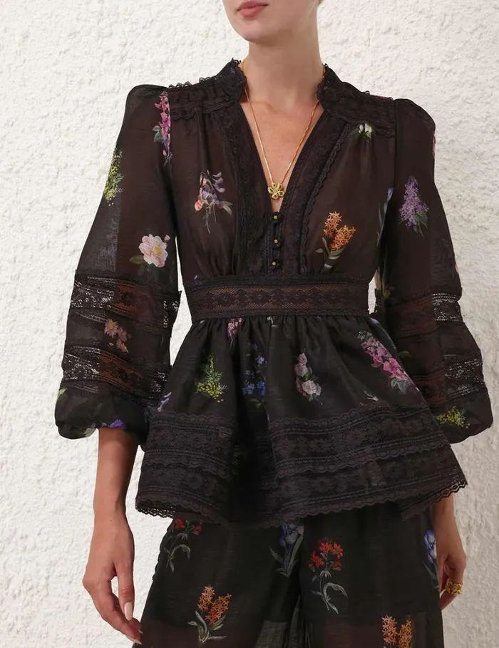Women Tops Zimmermann Natura V Neck Lace Blouse Multi Botanical Black