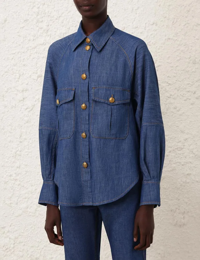 Women Tops Zimmermann Raglan Denim Shirt Railway Blue