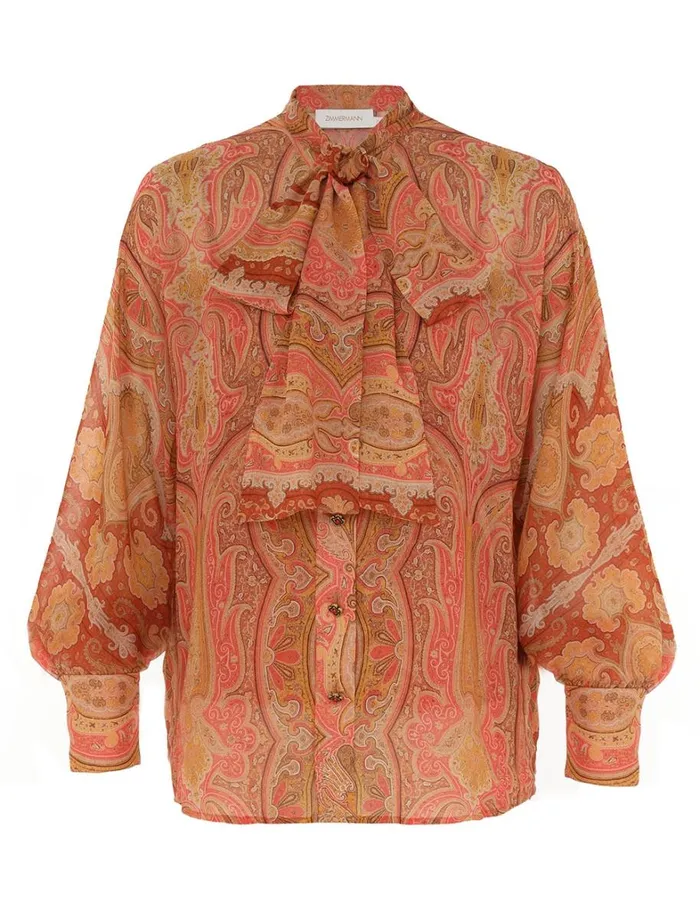 Women Tops Zimmermann Tranquillity Neck Tie Blouse Red Paisley