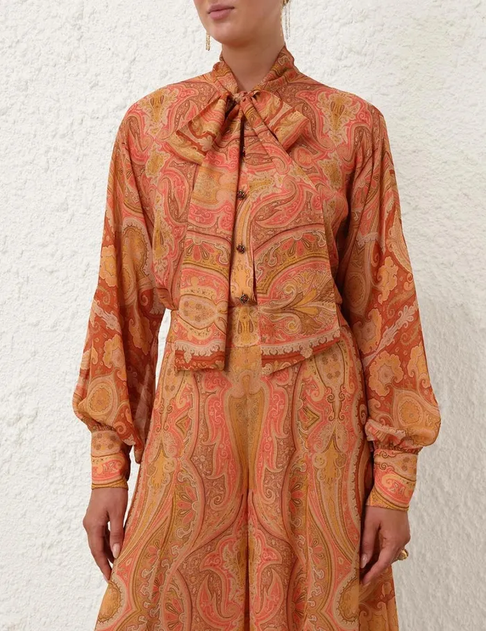 Women Tops Zimmermann Tranquillity Neck Tie Blouse Red Paisley