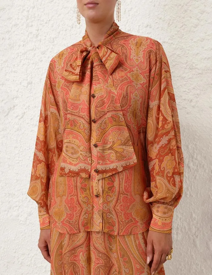 Women Tops Zimmermann Tranquillity Neck Tie Blouse Red Paisley